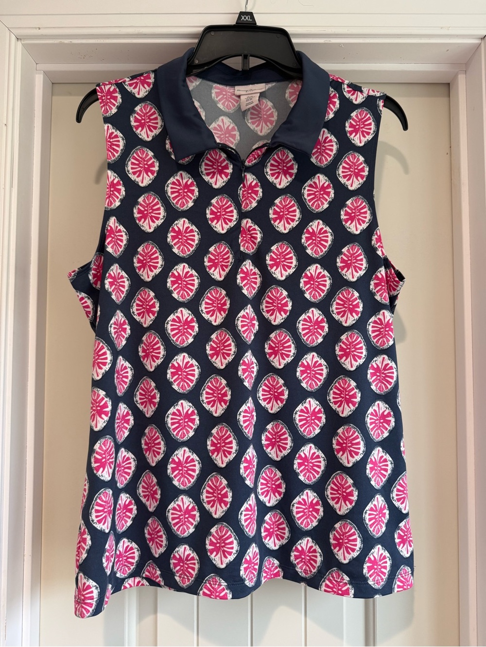 Tommy Bahama Navy Sleeveless Collared Golf Top with Pink Medallion Print